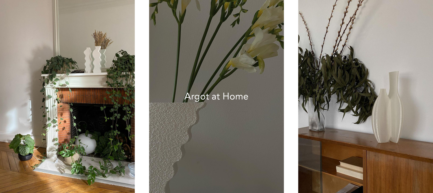 Vases on shelf, flowers