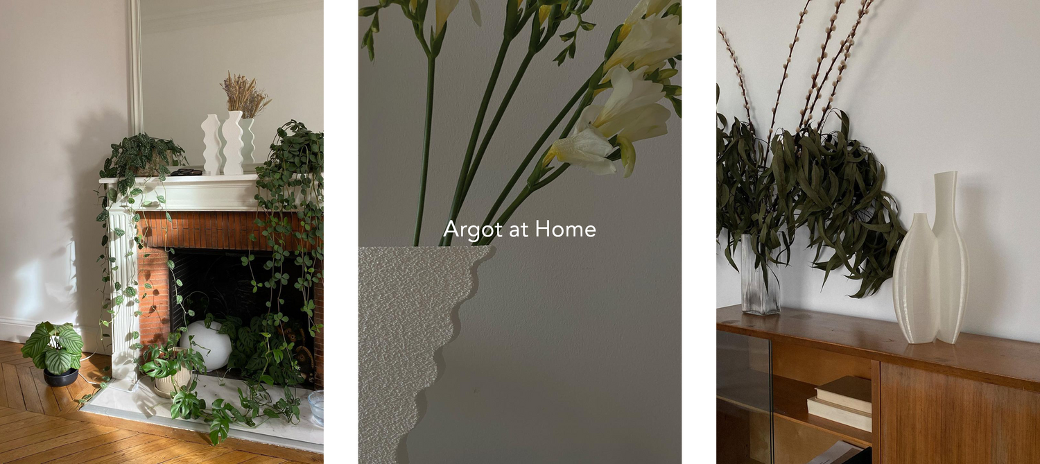 Vases on shelf, flowers
